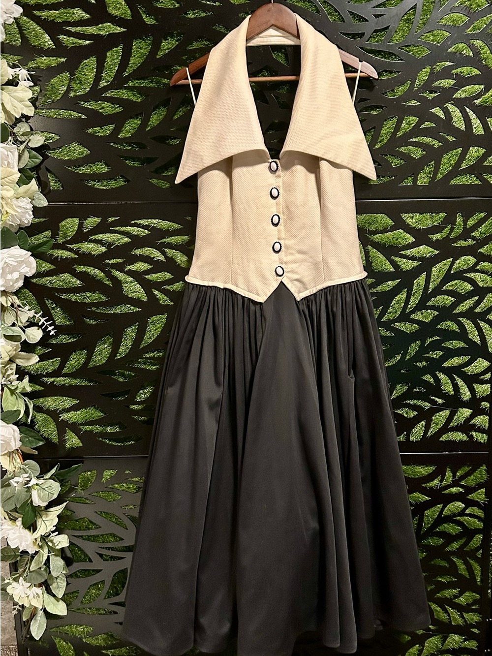 Vintage Victor Costa Cream Halter Bodice with Black Full Maxi Skirt, Women's 10